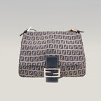 Fendi Mamma Baguette 29 in Tela Zucca FF Beige e Pelle Blu con Chiusura FF Argento
