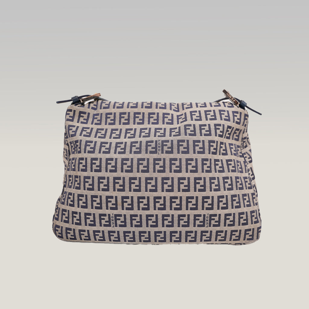 Fendi Mamma Baguette 29 in Tela Zucca FF Beige e Pelle Blu con Chiusura FF Argento