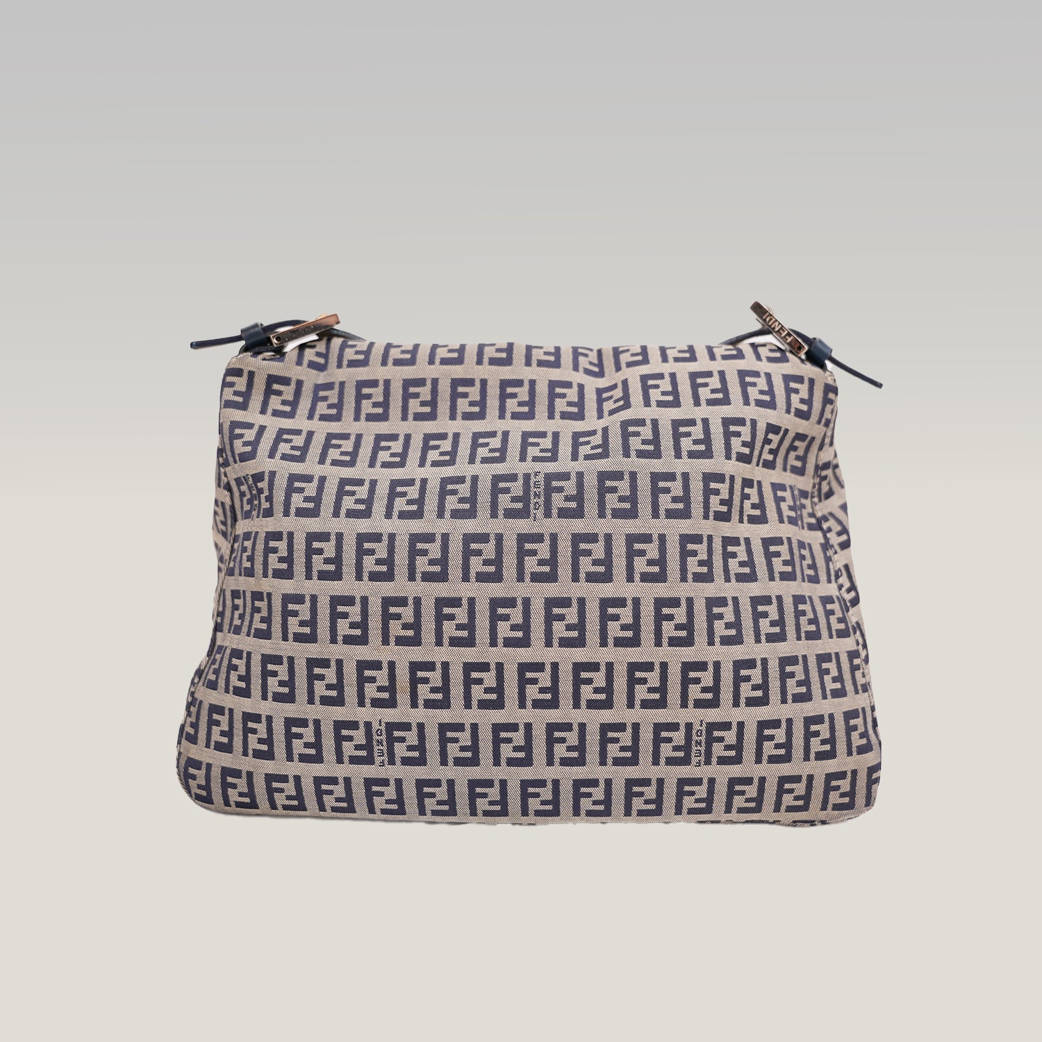Fendi Mamma Baguette 29 in Tela Zucca FF Beige e Pelle Blu con Chiusura FF Argento