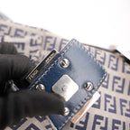 Fendi Mamma Baguette 29 in Tela Zucca FF Beige e Pelle Blu con Chiusura FF Argento