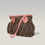 Fendi Chef Vintage Borsa a Spalla Zucca in Tela Marrone con Finiture Rosa