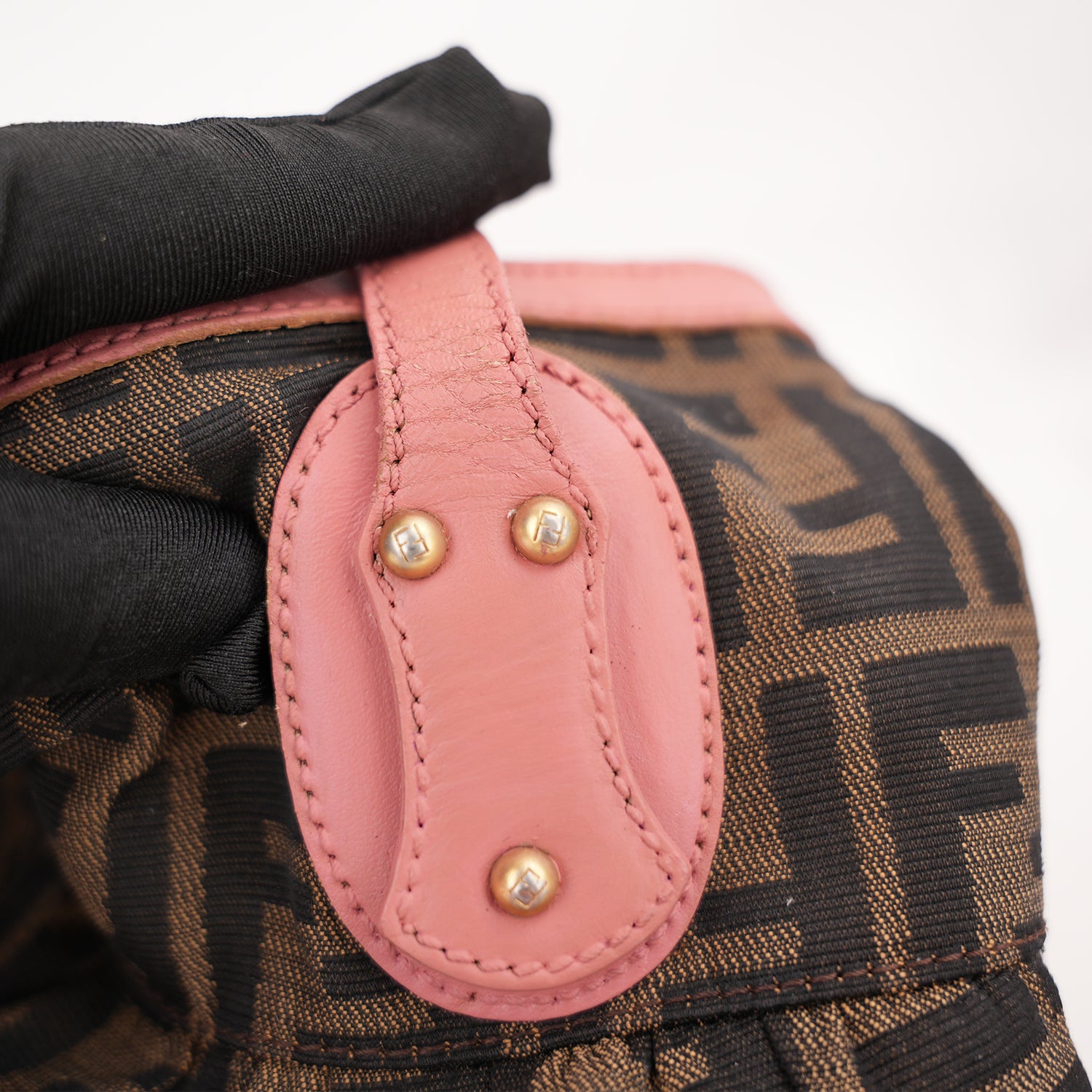 Fendi Chef Vintage Borsa a Spalla Zucca in Tela Marrone con Finiture Rosa