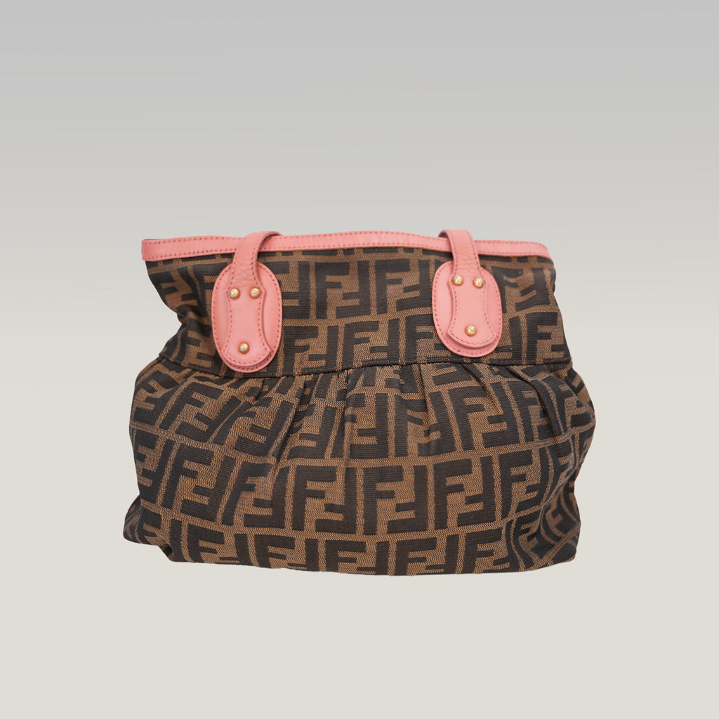 Fendi Chef Vintage Borsa a Spalla Zucca in Tela Marrone con Finiture Rosa