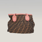 Fendi Chef Vintage Borsa a Spalla Zucca in Tela Marrone con Finiture Rosa