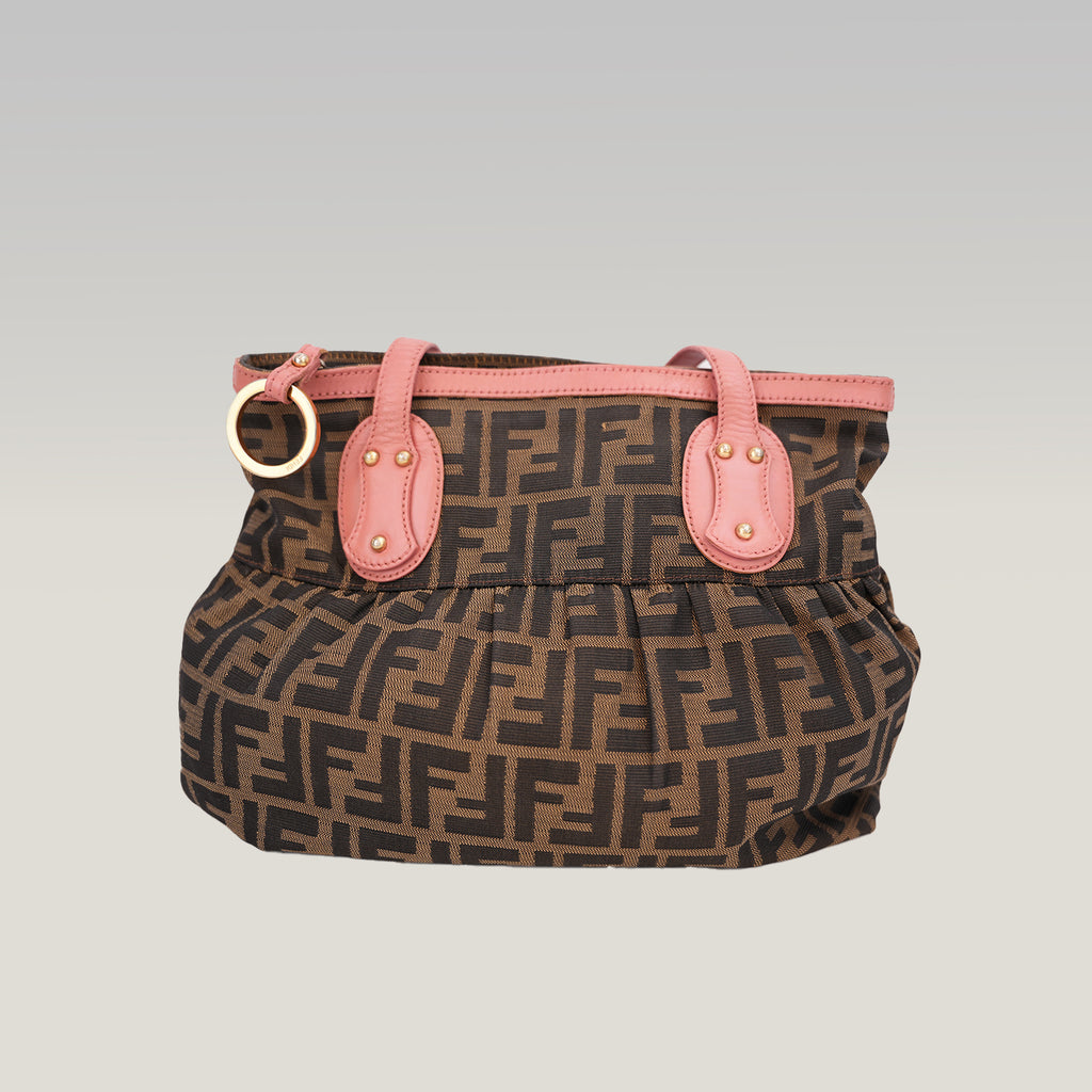 Fendi Chef Vintage Borsa a Spalla Zucca in Tela Marrone con Finiture Rosa
