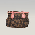Fendi Chef Vintage Borsa a Spalla Zucca in Tela Marrone con Finiture Rosa