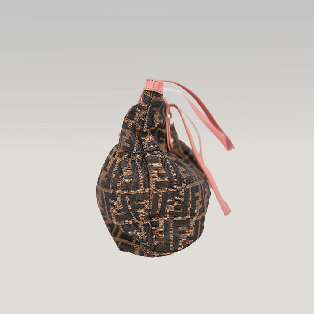Fendi Chef Vintage Borsa a Spalla Zucca in Tela Marrone con Finiture Rosa