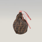 Fendi Chef Vintage Borsa a Spalla Zucca in Tela Marrone con Finiture Rosa