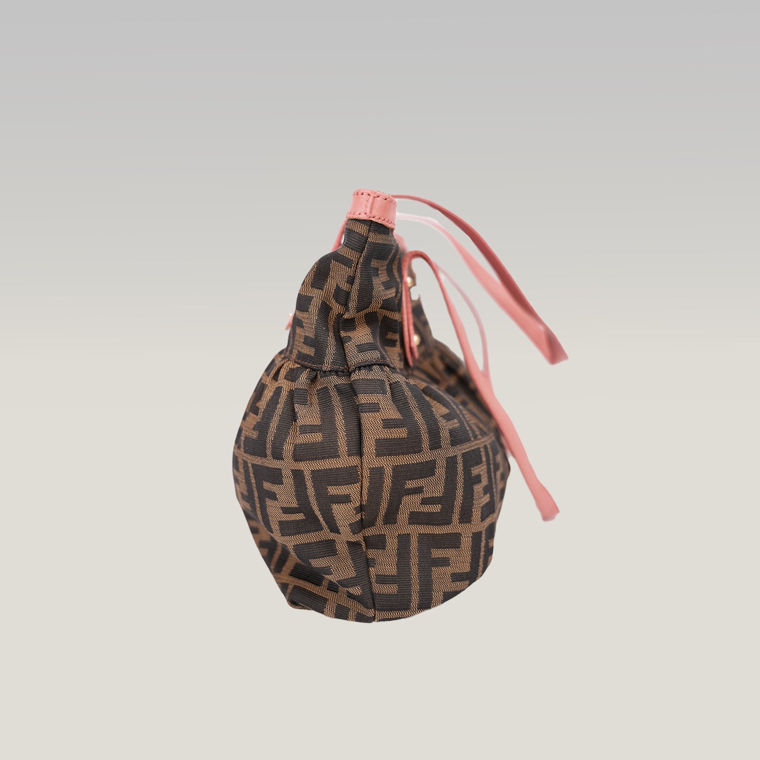 Fendi Chef Vintage Borsa a Spalla Zucca in Tela Marrone con Finiture Rosa