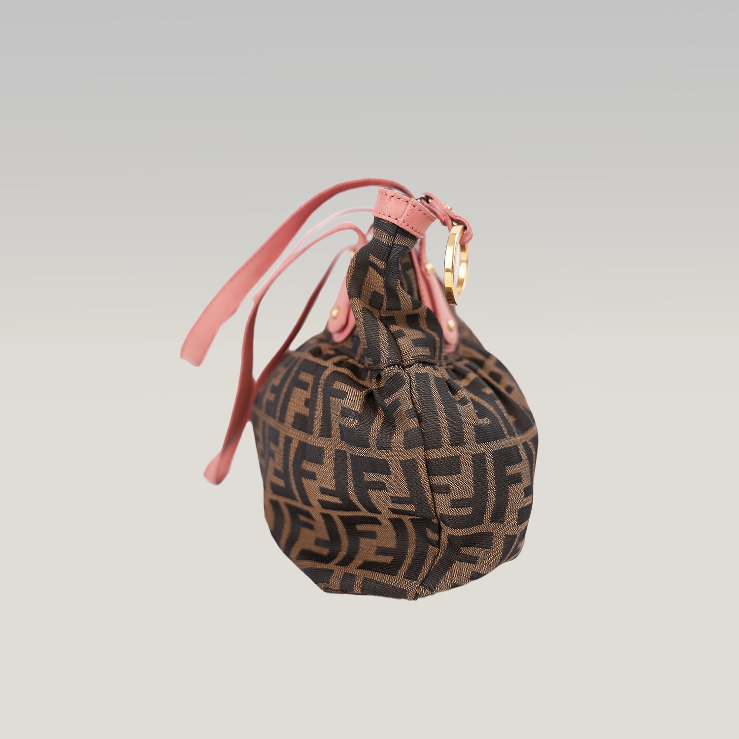 Fendi Chef Vintage Borsa a Spalla Zucca in Tela Marrone con Finiture Rosa