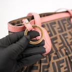 Fendi Chef Vintage Borsa a Spalla Zucca in Tela Marrone con Finiture Rosa
