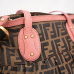 Fendi Chef Vintage Borsa a Spalla Zucca in Tela Marrone con Finiture Rosa