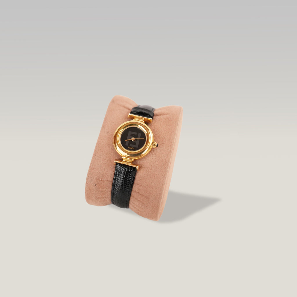 Fendi Orologio Vintage Donna con Quadrante Nero Logo FF, Cassa Dorata e Cinturino in Pelle Nera