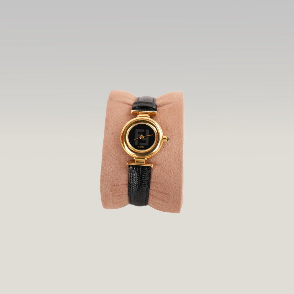 Fendi Orologio Vintage Donna con Quadrante Nero Logo FF, Cassa Dorata e Cinturino in Pelle Nera