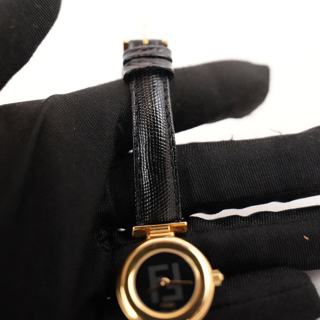 Fendi Orologio Vintage Donna con Quadrante Nero Logo FF, Cassa Dorata e Cinturino in Pelle Nera