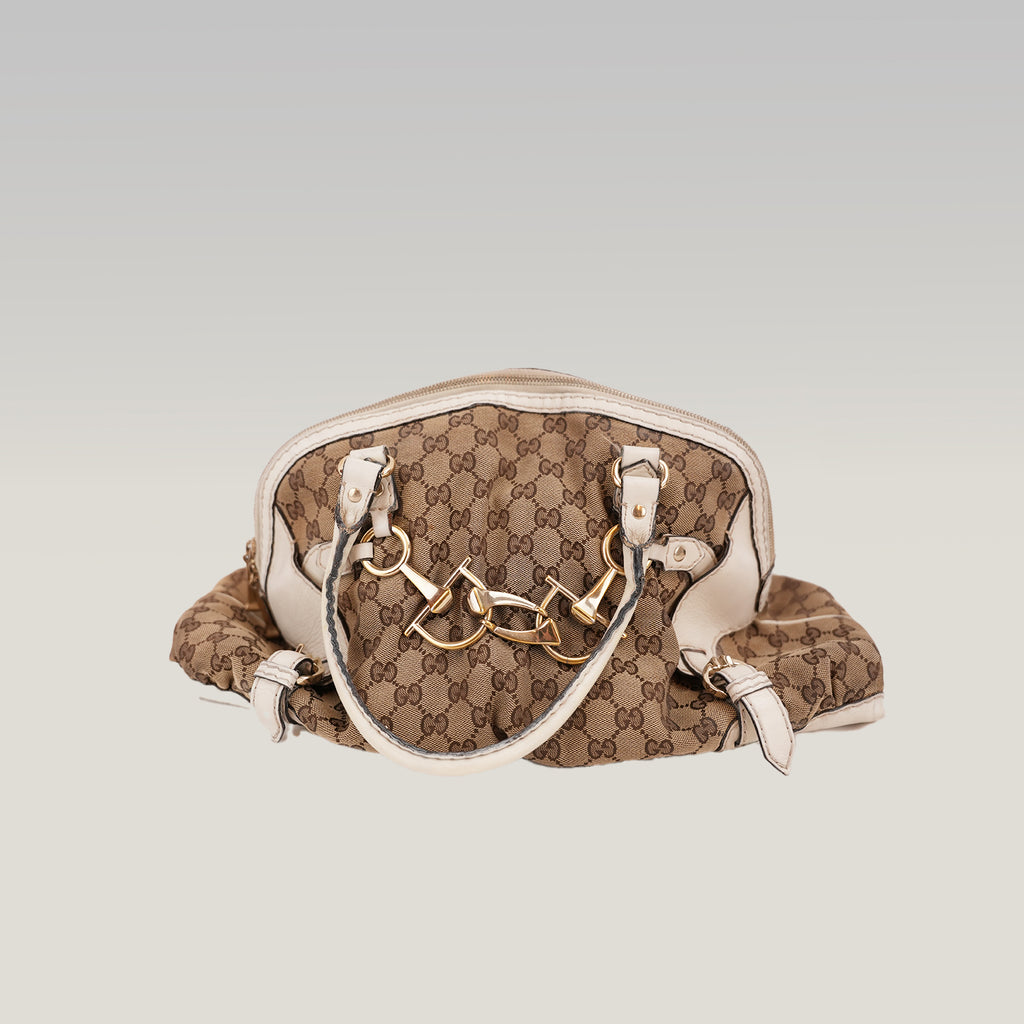 Gucci Borsa a Spalla Grande Vintage in Tela GG Beige e Pelle Bianca