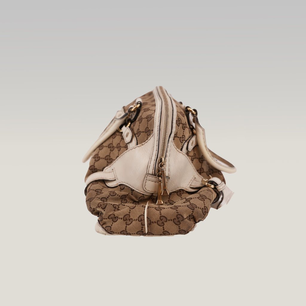 Gucci Borsa a Spalla Grande Vintage in Tela GG Beige e Pelle Bianca