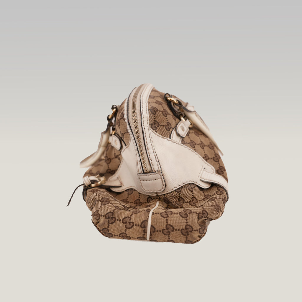 Gucci Borsa a Spalla Grande Vintage in Tela GG Beige e Pelle Bianca