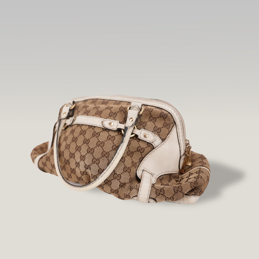 Gucci Borsa a Spalla Grande Vintage in Tela GG Beige e Pelle Bianca