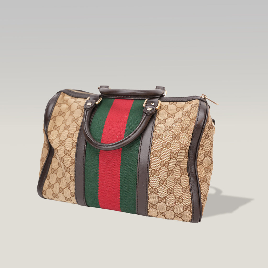 Gucci Vintage GG Canvas Boston Bag Beige Ebony Monogram Web Stripe Leather Trim