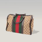Gucci Vintage GG Canvas Boston Bag Beige Ebony Monogram Web Stripe Leather Trim