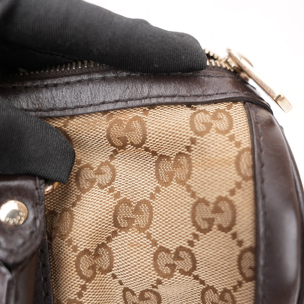 Gucci Vintage GG Canvas Boston Bag Beige Ebony Monogram Web Stripe Leather Trim