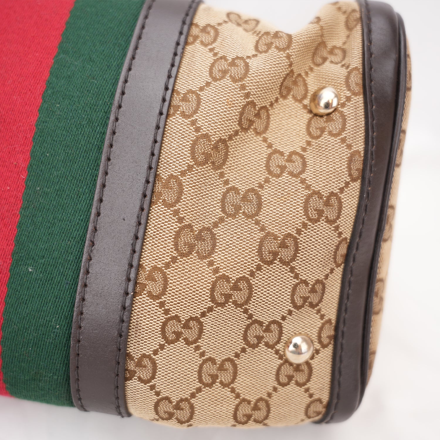 Gucci Vintage GG Canvas Boston Bag Beige Ebony Monogram Web Stripe Leather Trim