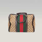 Gucci Vintage GG Canvas Boston Bag Beige Ebony Monogram Web Stripe Leather Trim