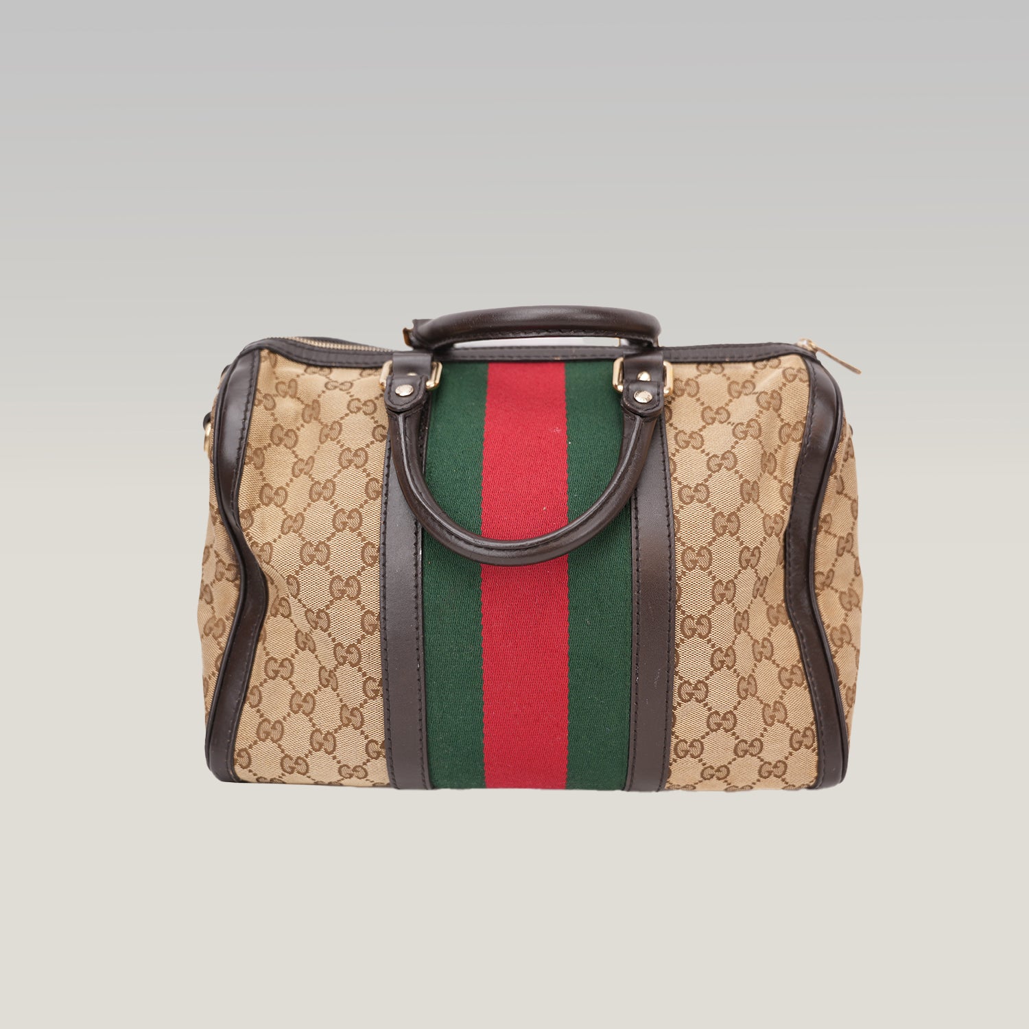 Gucci Vintage GG Canvas Boston Bag Beige Ebony Monogram Web Stripe Leather Trim