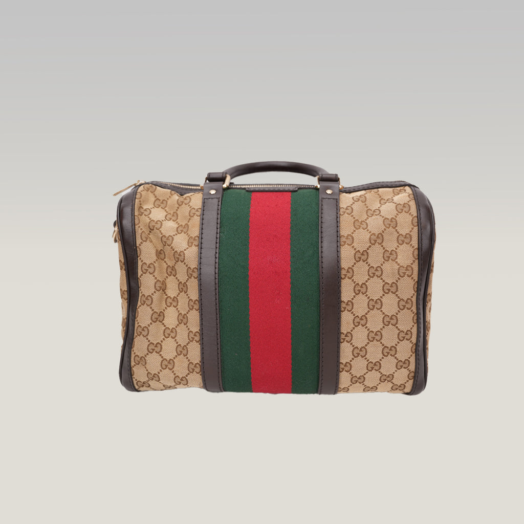 Gucci Vintage GG Canvas Boston Bag Beige Ebony Monogram Web Stripe Leather Trim