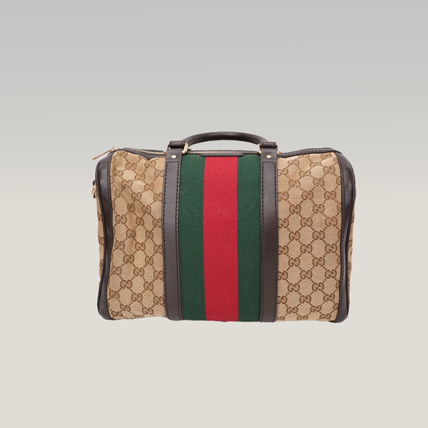 Gucci Vintage GG Canvas Boston Bag Beige Ebony Monogram Web Stripe Leather Trim