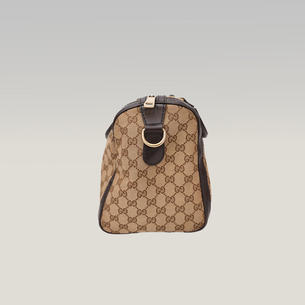 Gucci Vintage GG Canvas Boston Bag Beige Ebony Monogram Web Stripe Leather Trim