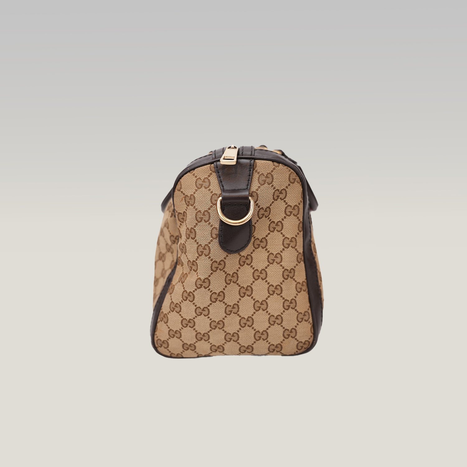Gucci Vintage GG Canvas Boston Bag Beige Ebony Monogram Web Stripe Leather Trim