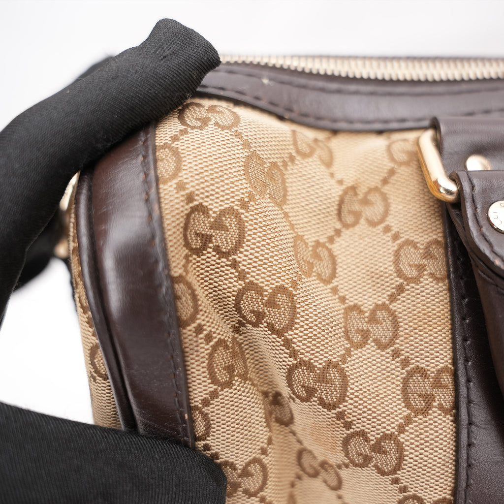 Gucci Vintage GG Canvas Boston Bag Beige Ebony Monogram Web Stripe Leather Trim