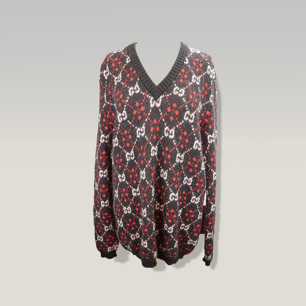 Gucci GG Diamond Maglione Uomo in Lana Nera con Logo GG Rosso e Bianco Pullover Oversize