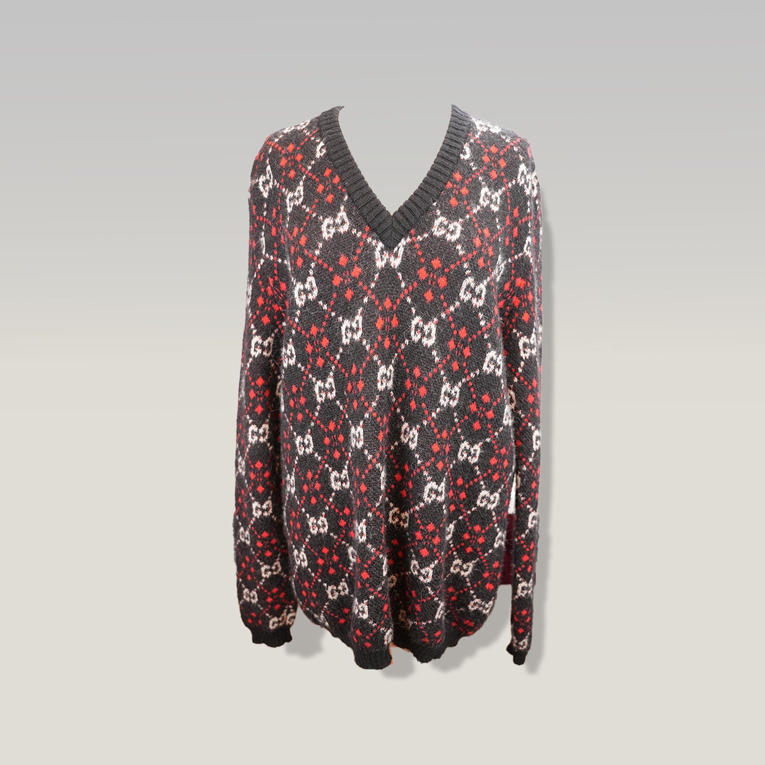 Gucci GG Diamond Maglione Uomo in Lana Nera con Logo GG Rosso e Bianco Pullover Oversize