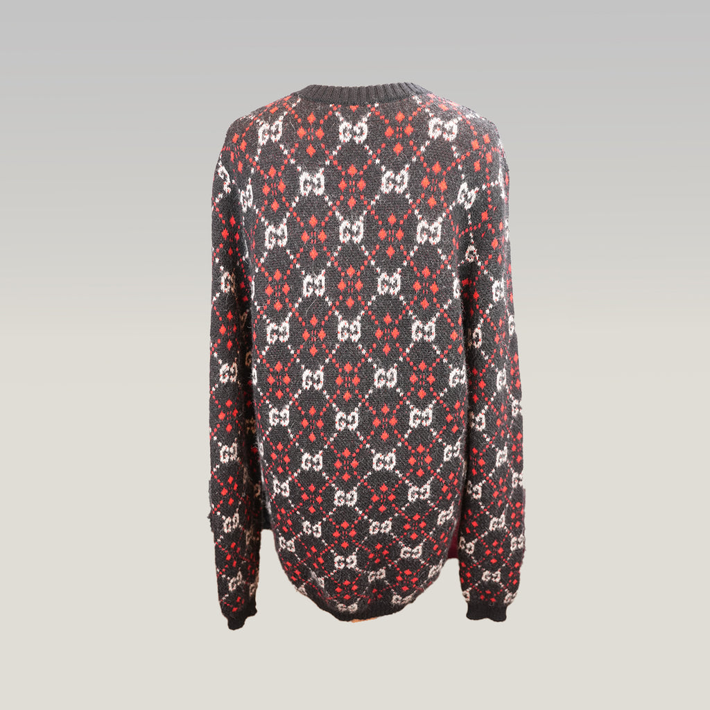 Gucci GG Diamond Maglione Uomo in Lana Nera con Logo GG Rosso e Bianco Pullover Oversize