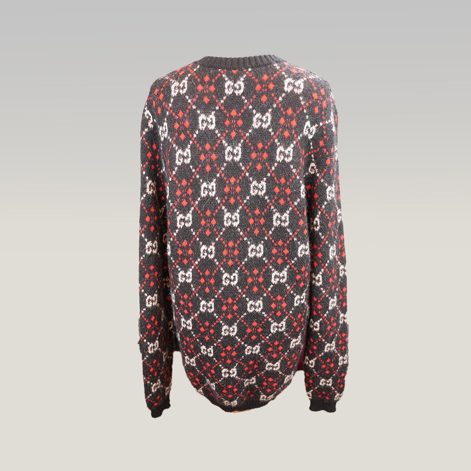 Gucci GG Diamond Maglione Uomo in Lana Nera con Logo GG Rosso e Bianco Pullover Oversize