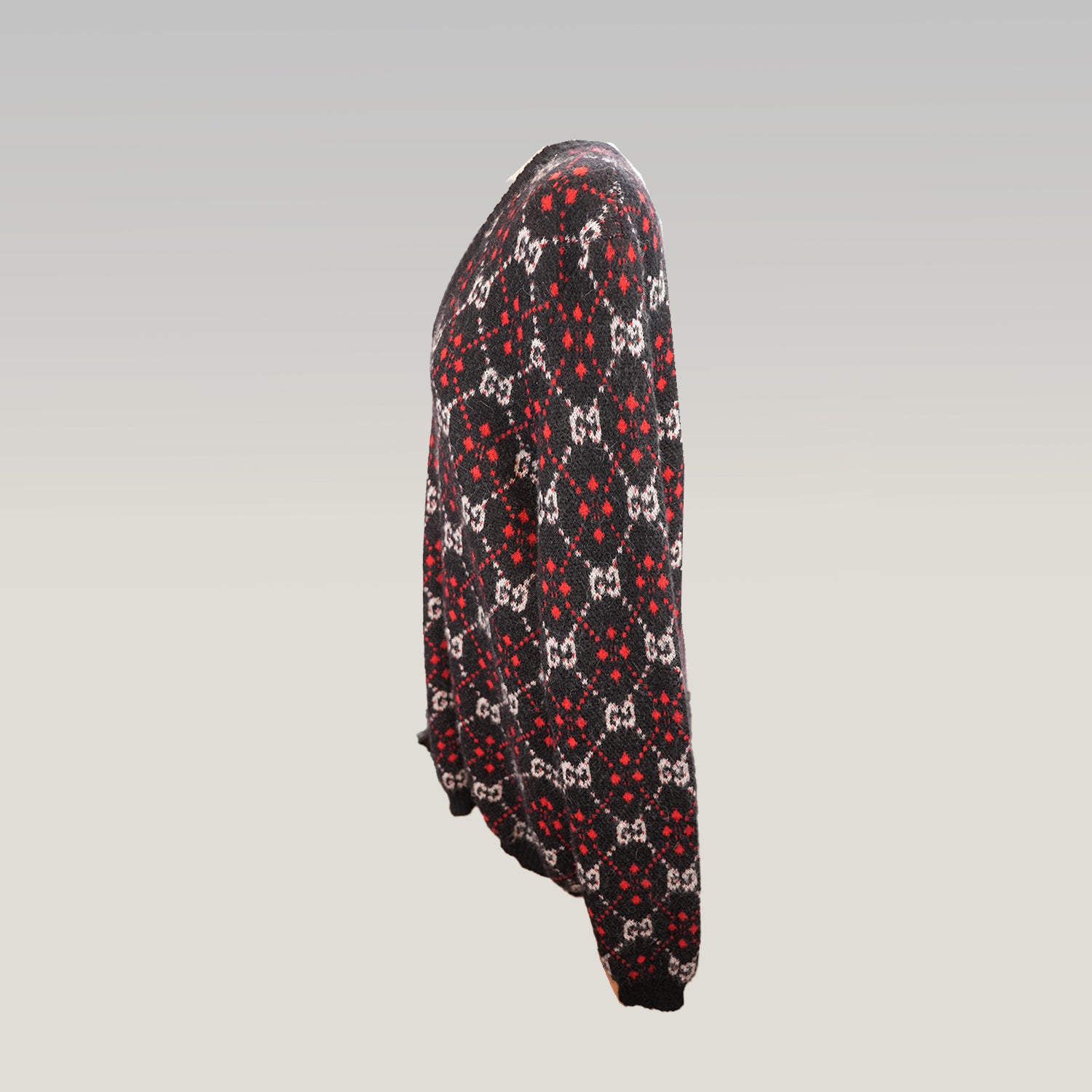 Gucci GG Diamond Maglione Uomo in Lana Nera con Logo GG Rosso e Bianco Pullover Oversize