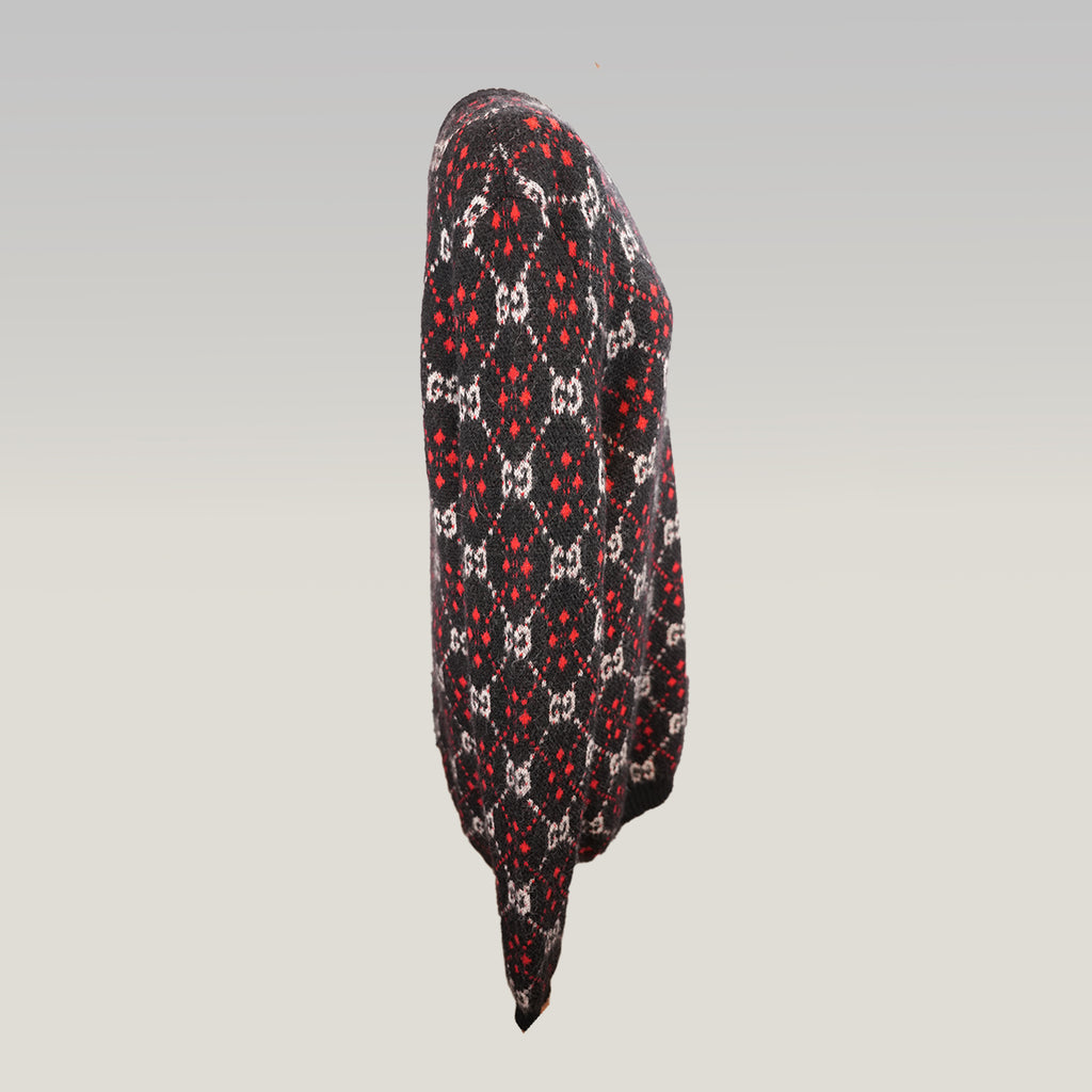 Gucci GG Diamond Maglione Uomo in Lana Nera con Logo GG Rosso e Bianco Pullover Oversize