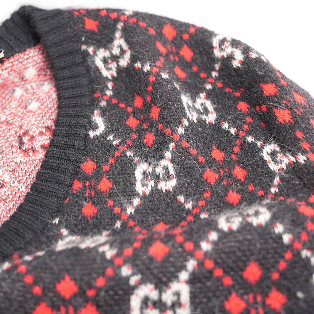 Gucci GG Diamond Maglione Uomo in Lana Nera con Logo GG Rosso e Bianco Pullover Oversize