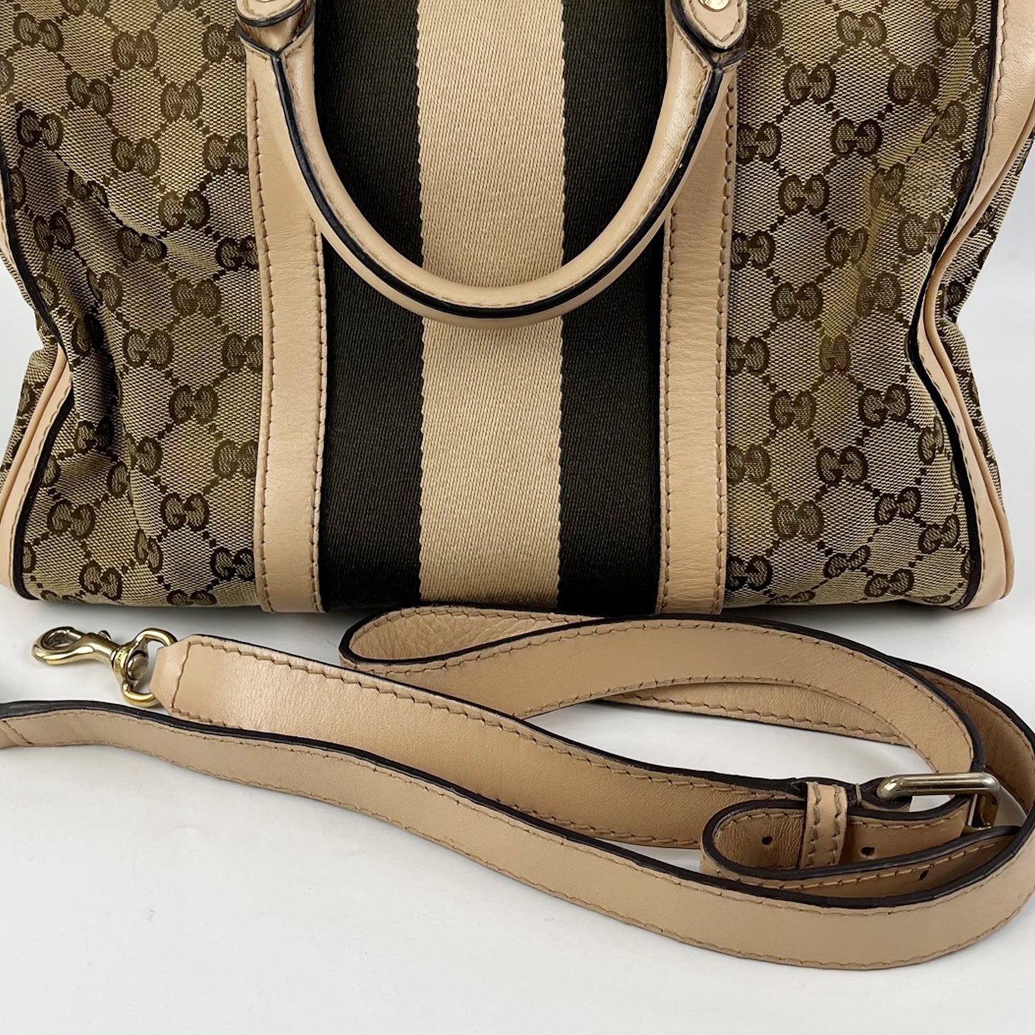 Gucci Boston 32 Vintage in Tela GG Marrone Ebano e Pelle Rosa Chiaro con Web Stripe