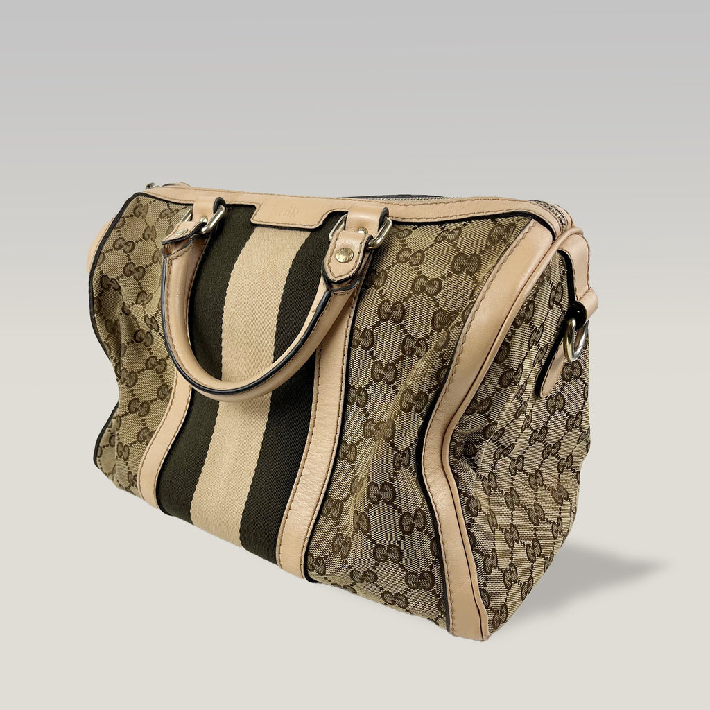 Gucci Boston 32 Vintage in Tela GG Marrone Ebano e Pelle Rosa Chiaro con Web Stripe