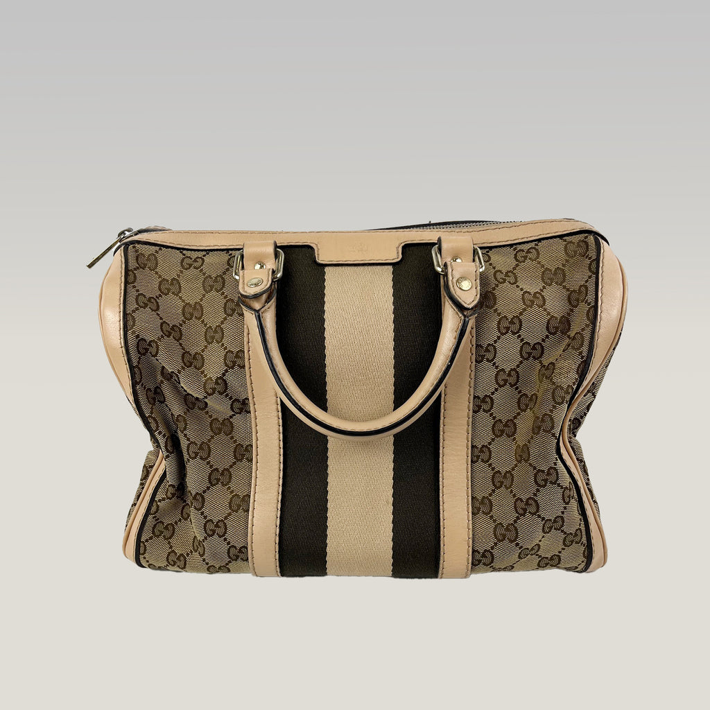Gucci Boston 32 Vintage in Tela GG Marrone Ebano e Pelle Rosa Chiaro con Web Stripe