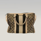 Gucci Boston 32 Vintage in Tela GG Marrone Ebano e Pelle Rosa Chiaro con Web Stripe