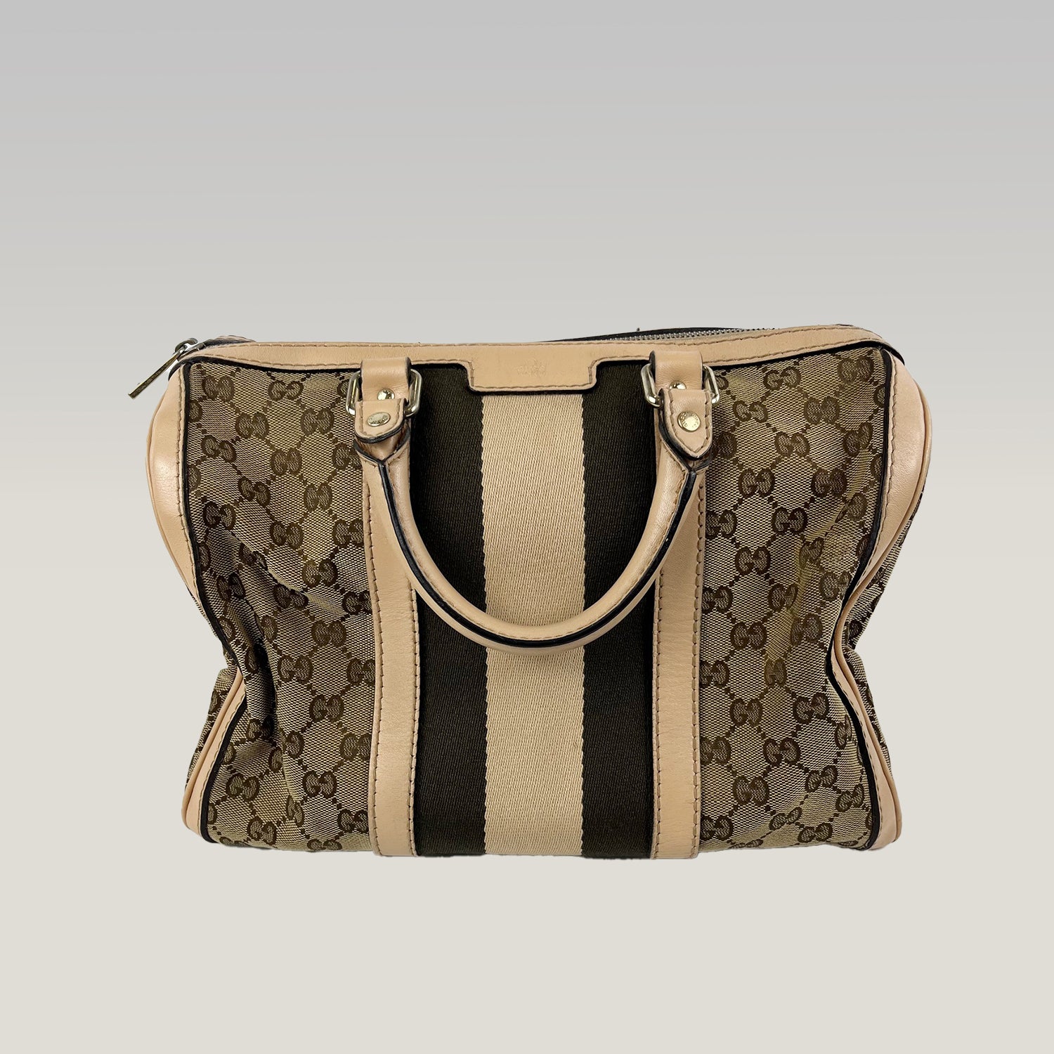 Gucci Boston 32 Vintage in Tela GG Marrone Ebano e Pelle Rosa Chiaro con Web Stripe