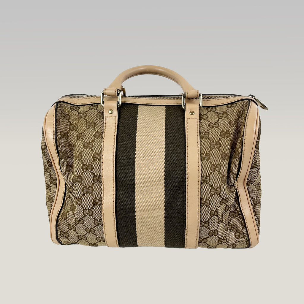 Gucci Boston 32 Vintage in Tela GG Marrone Ebano e Pelle Rosa Chiaro con Web Stripe