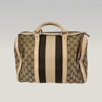 Gucci Boston 32 Vintage in Tela GG Marrone Ebano e Pelle Rosa Chiaro con Web Stripe