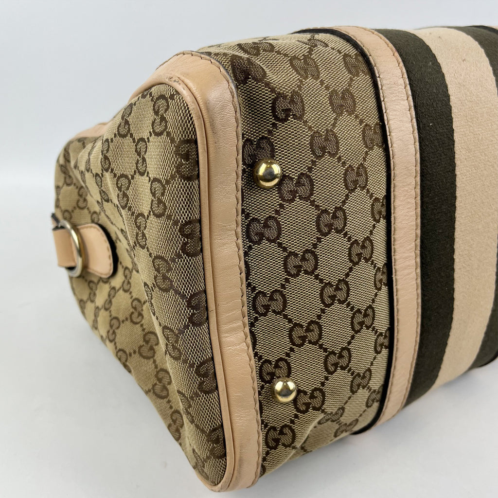 Gucci Boston 32 Vintage in Tela GG Marrone Ebano e Pelle Rosa Chiaro con Web Stripe