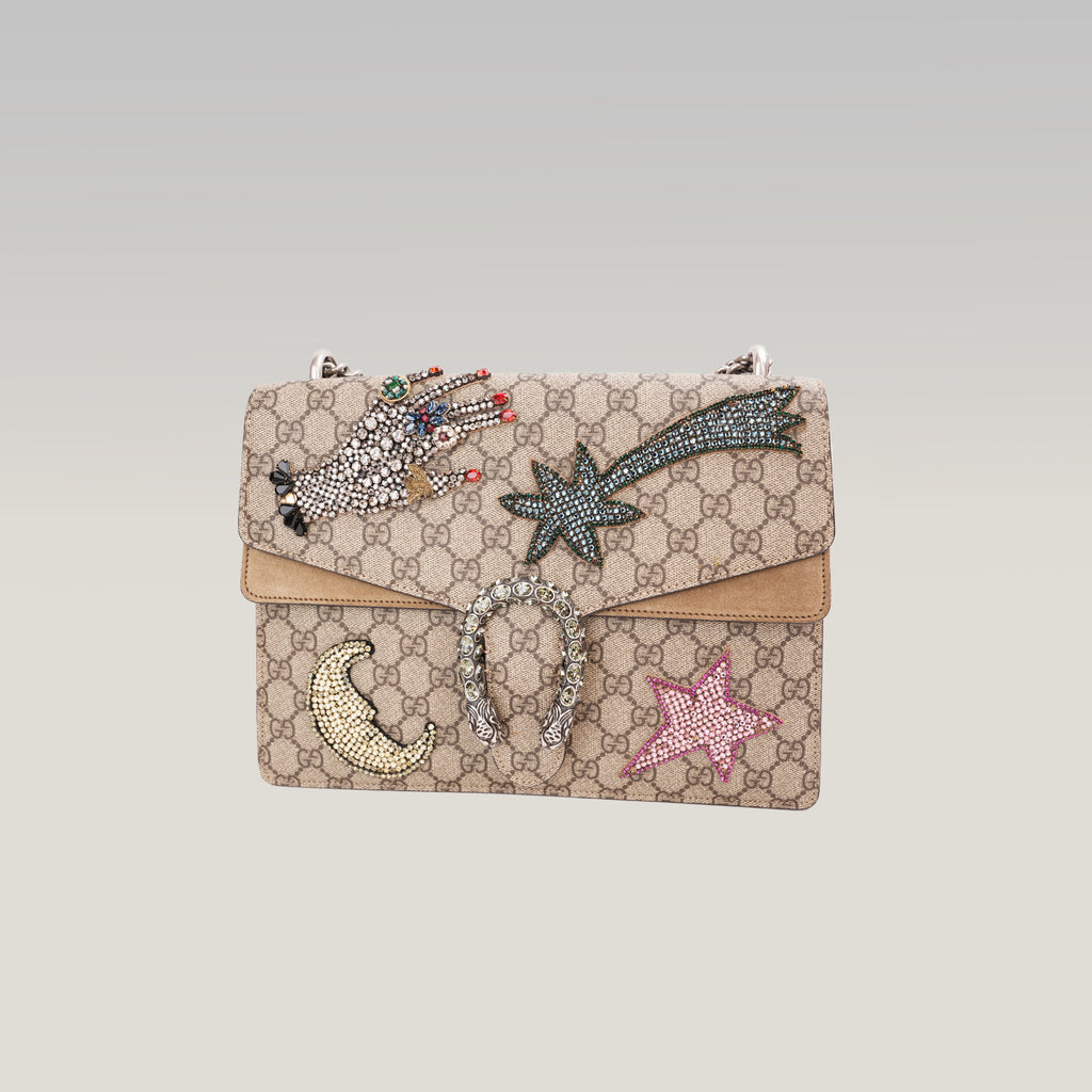 Gucci Dionysus Borsa a Spalla in Tela GG Supreme Beige con Ricami Multicolore, Cristalli e Paillettes – Dust Bag Inclusa
